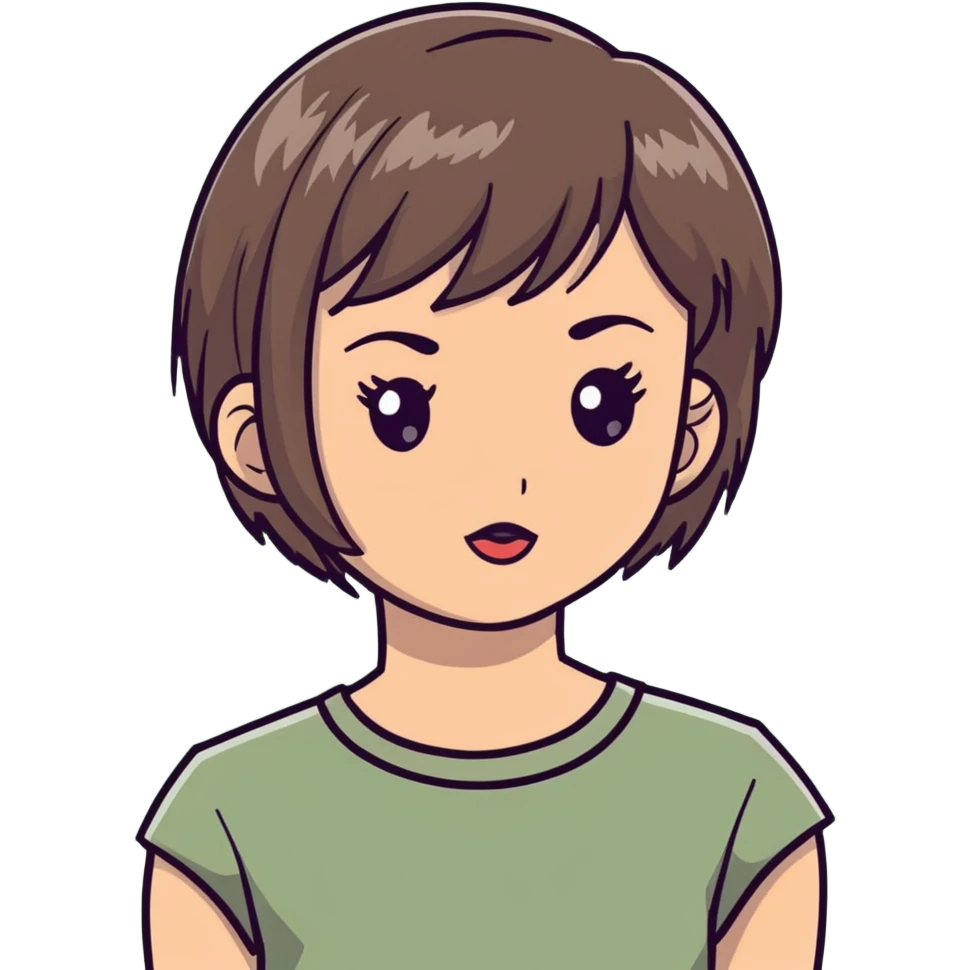 White girl with short wolfcut hairstyle, brown eyes, straight hair, wearing a sage green top emoji