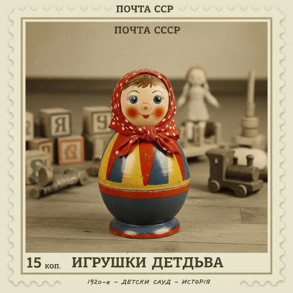 Сделай марку на которой изображены игрушки детского сада, на первом плане - неваляшка 1920-х годов

Стиль марки такой же, как на прикрепленном фото emoji