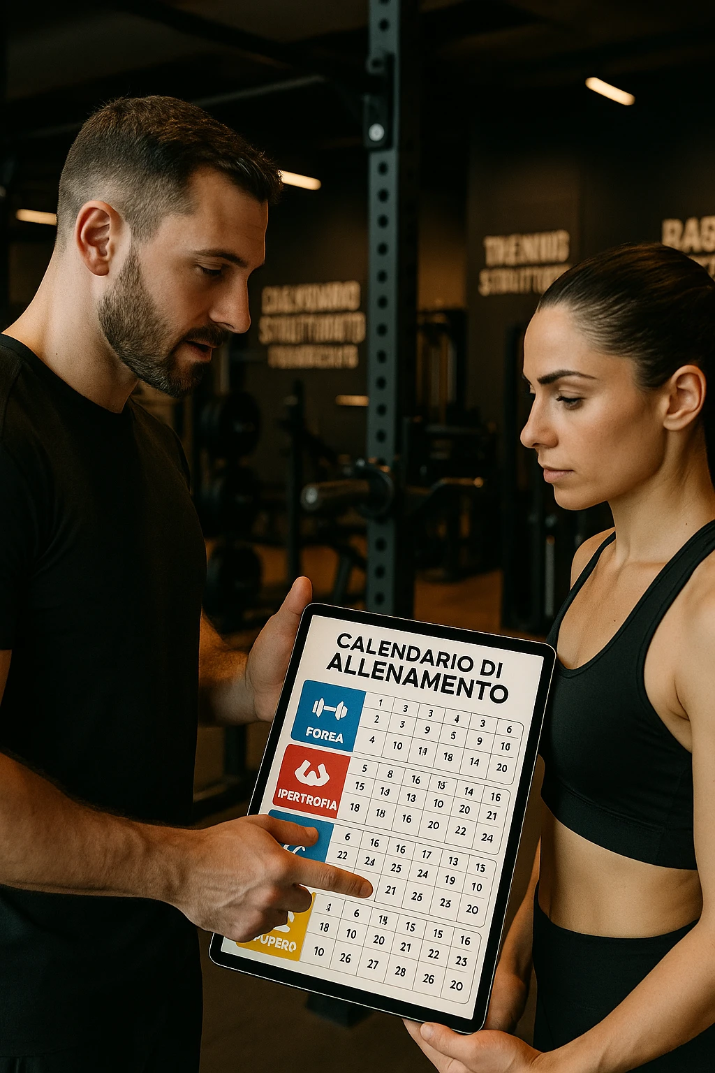 realistic cinematic photo a personal trainer and a client stand in a modern gym, reviewing a large, color-coded training calendario or chart on a tablet. The calendario shows different phases (Forza, Ipertrofia, Resistenza, Recupero) with icons and dates. Around them, gym equipment and motivational posters reinforce the idea of structured, periodized training. in italiano emoji