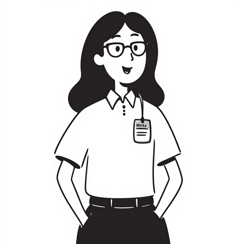 Asian girl, glasses, white shirt, work tag with her Asian young male boss's name, simple line drawing style emoji