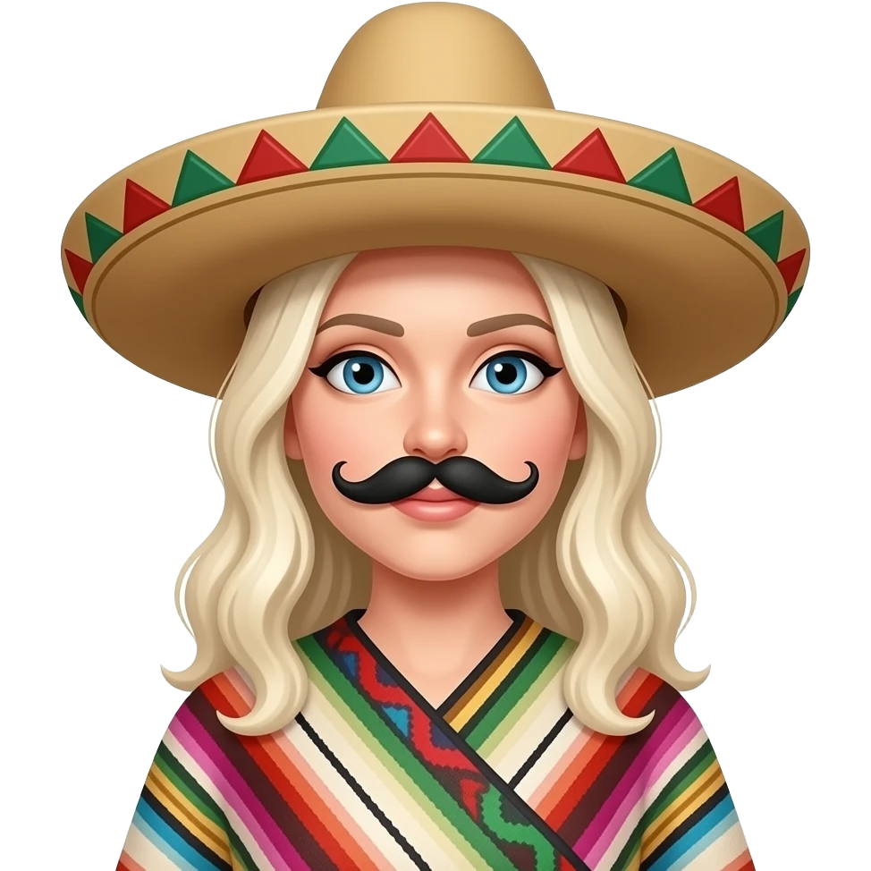 White lady, blonde hair, fake Black moustache and a Mexican hat and a poncho in a cartoon emoji