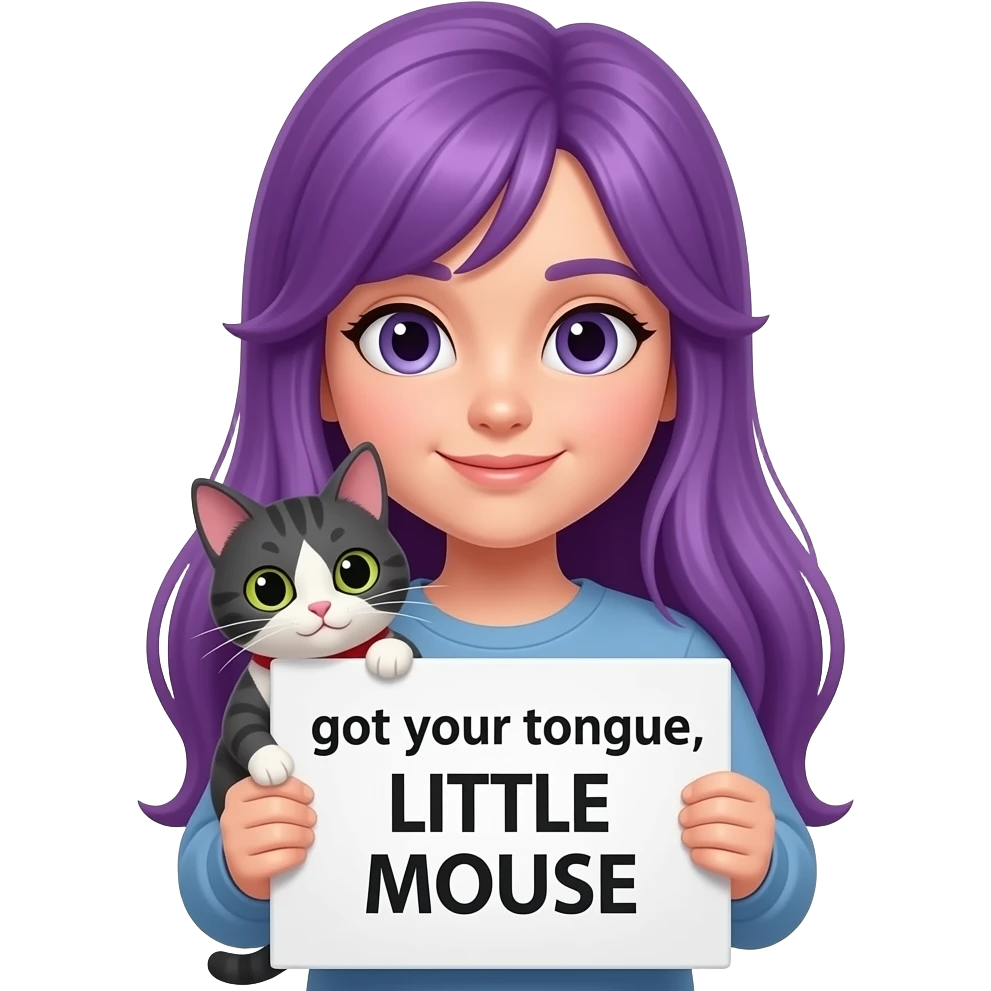 girl with long purple hair holding a -CAT- got your tongue, LITTLE MOUSE sign emoji