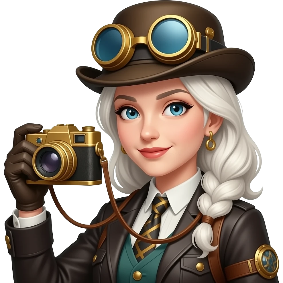steampunk white haired lady with a camera wearing a steampunk hat emoji