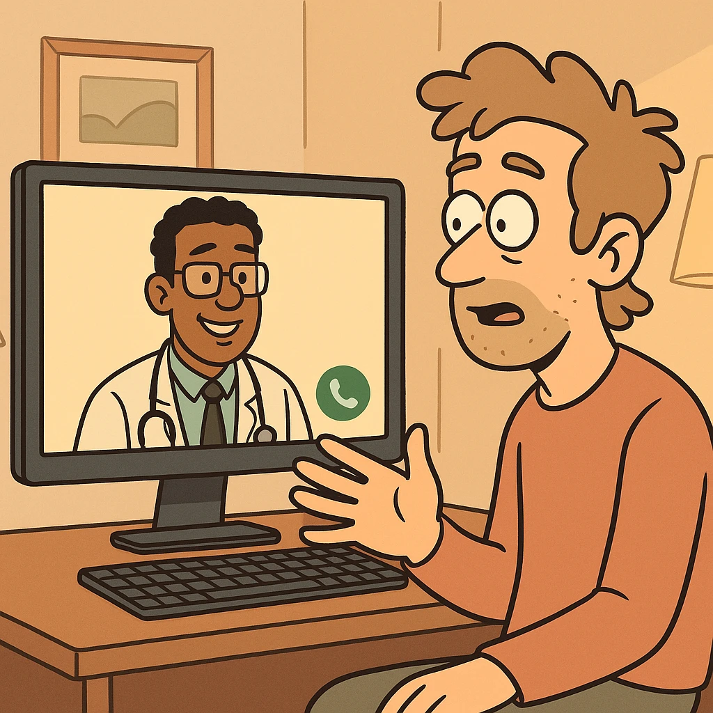 telehealth, video call with doctor, healthcare technology, warm and inviting emoji
