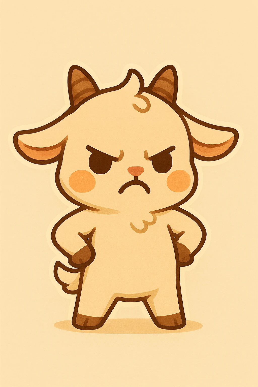 Edit the chibi goat to have an angry expression with hands on hips and both legs on the ground. Keep the chibi joyful style but change the expression to angry. Use a simple background. emoji