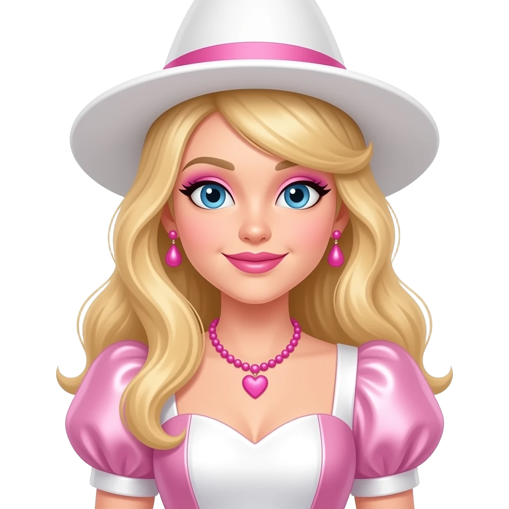 The Good Witch from The Wonderful Wizard of Oz with blue eyes, long blonde hair, pink eyeshadow, pink lipstick, white and pink metallic sweetheart sleeve dress, white hat, pink necklace and earrings emoji