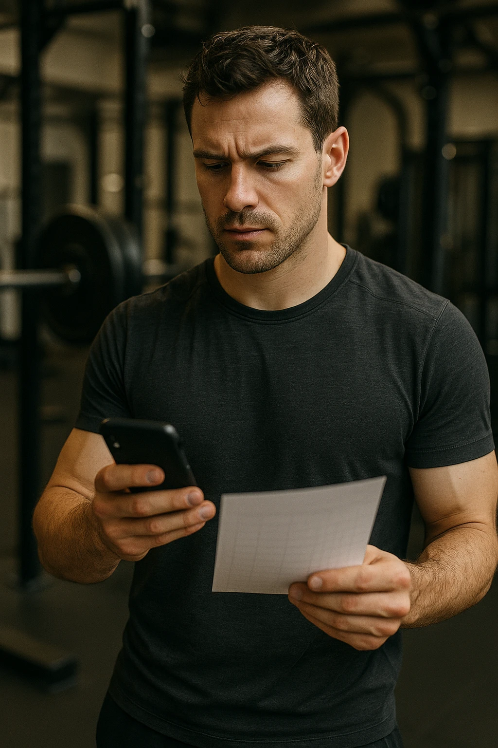 man in gym inspired by reference photo, consulting workout sheet or app on phone to decide workout intensity, focused expression, visible gym equipment, vertical format emoji