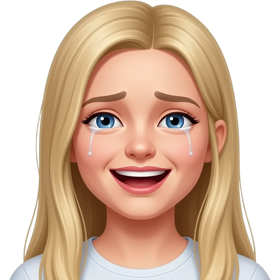 ragazza russa bionda occhi azzurri capelli lisci lunghi, piange dal ridere emoji