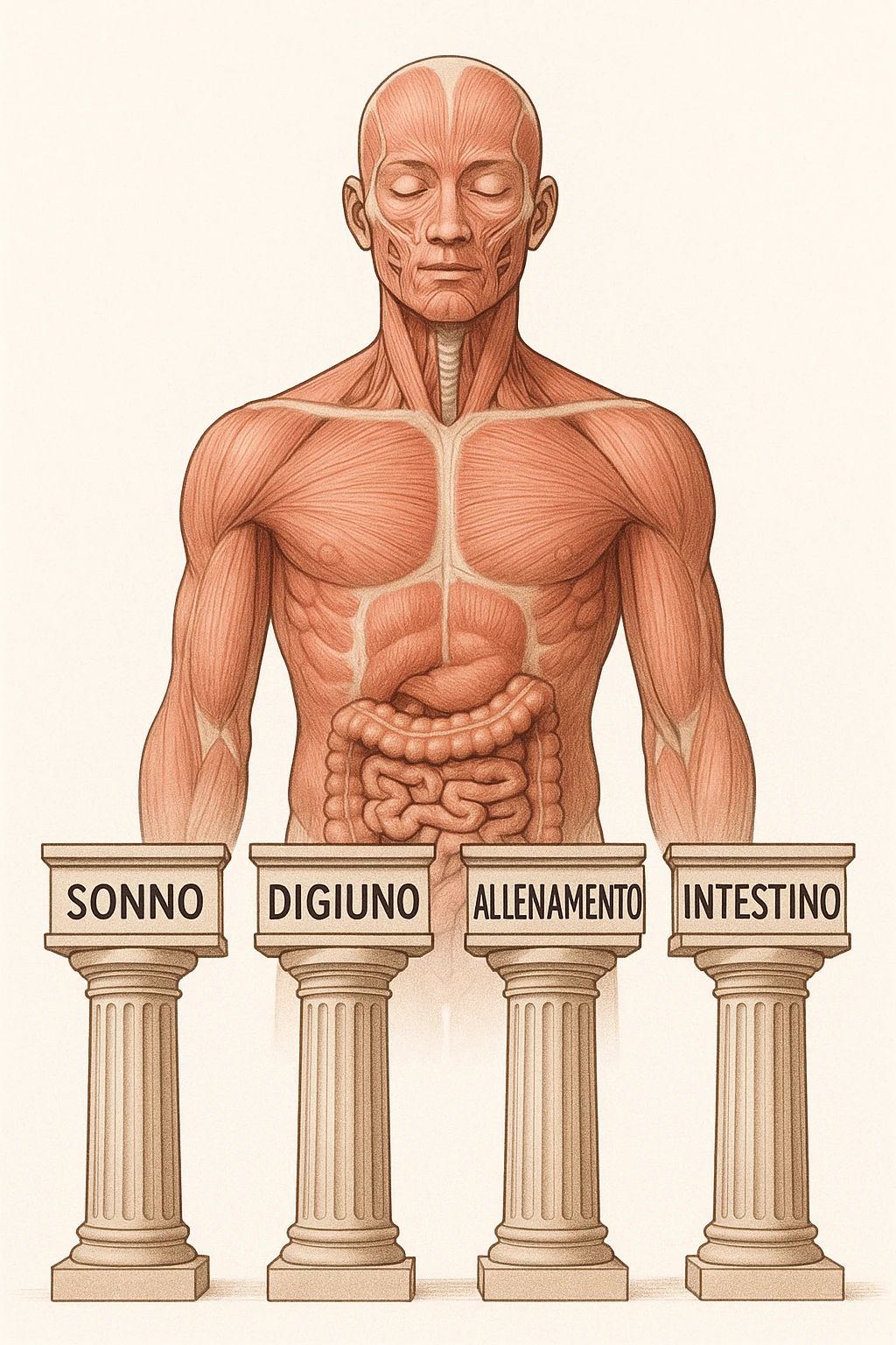 5 pilastri con le scritte "SONNO", "DIGIUNO", "ALLENAMENTO", "INTESTINO", DAVANTI UN CORPO UMANO ANATOMICO CON OCCHI CHIUSI IN SALUTE, SFONDO CHIARO IN ITALIANO emoji