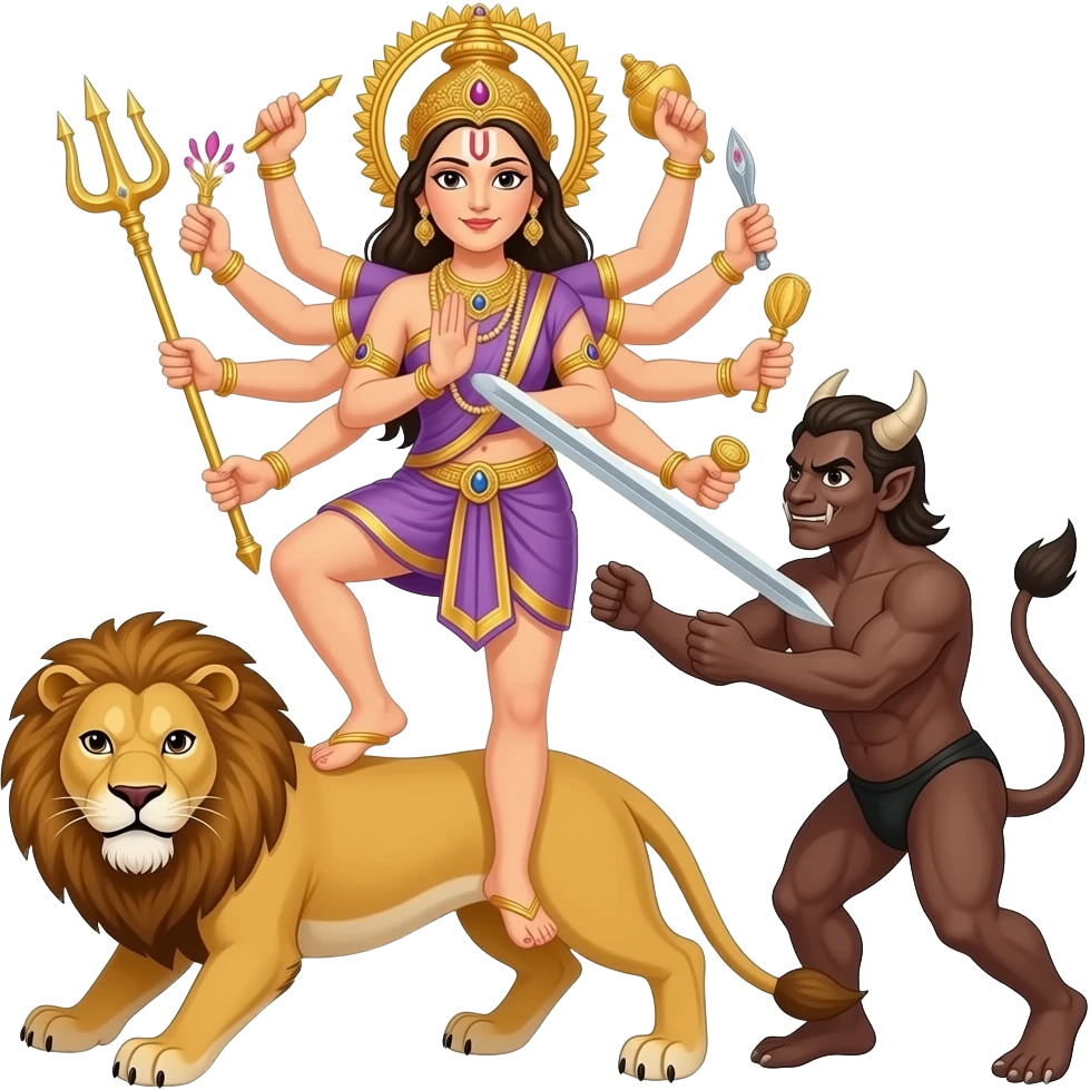 Create an emoji of a goddess with ten hands standing with one leg on a lion's back and another leg on a brownish demon and the goddess is stabbing him in his chest with a trident with her two front arms emoji