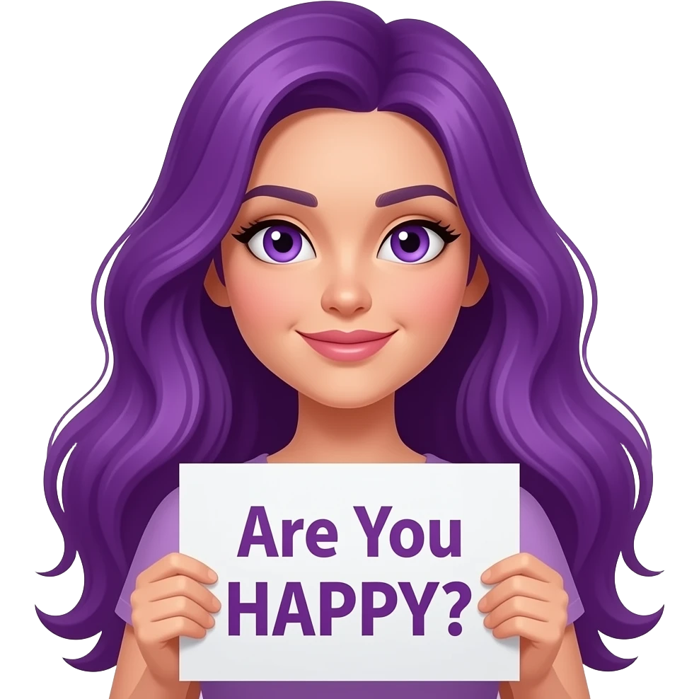 sexy girl with long purple hair and purple eyes holding Are You HAPPY? sign emoji