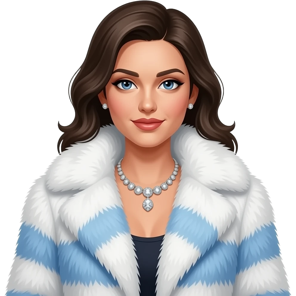 Sin arc * Character: A stylish lady * ﻿﻿Clothing: A luxurious white and blue fur coat * ﻿﻿Accessories: A dazzling diamond necklace * ﻿﻿Expression: Confident, elegant, maybe slightly glamorous * ﻿﻿Pose: Head slightly tilted or a poised posture * ﻿﻿Style: Emoji-like, simple but expressive emoji