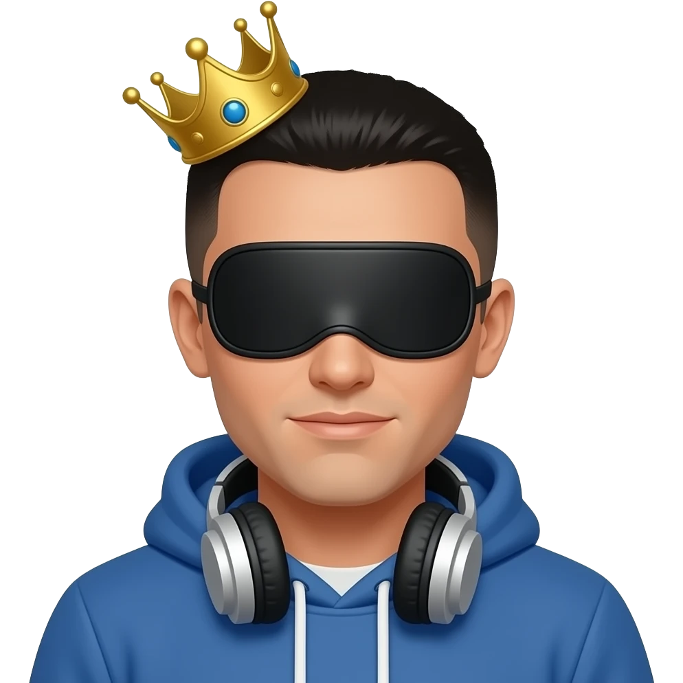 Make a man who has a blue hoodie with headphones on his neck have a crown with a black eyes cover black box and with a short white male black buzz cut and make him a white male Make the black covered box not attach to the head just on the head Make the crown fully on his head And emoji