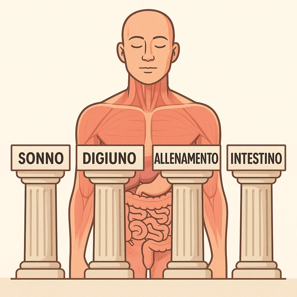 5 pilastri con le scritte "SONNO", "DIGIUNO", "ALLENAMENTO", "INTESTINO", DAVANTI UN CORPO UMANO ANATOMICO CON OCCHI CHIUSI IN SALUTE, SFONDO CHIARO emoji