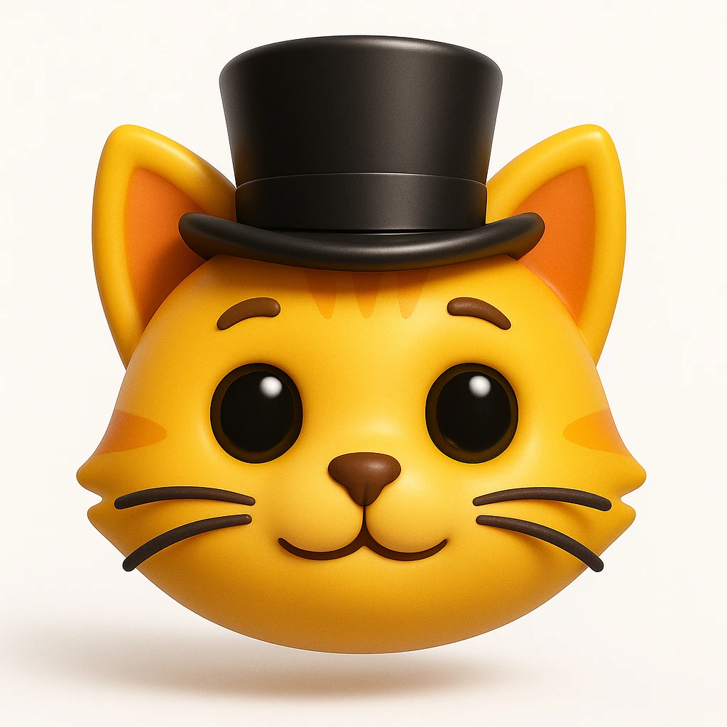 3D rendered emoji-style illustration, glossy plastic-like materials, soft ambient occlusion, rounded forms, high-detail textures, clean white background, Apple emoji aesthetic, subsurface scattering on skin, vibrant saturated colors, cute proportions with large expressive eyes, studio lighting with soft shadows, cat wearing a tophat emoji