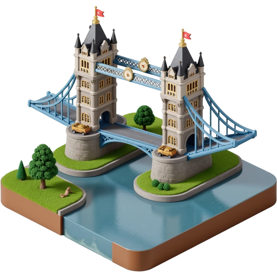 Isometric illustration of London, featuring photorealistic Tower Bridge over a section of river, highly detailed in semi-realistic style with sharp outlines, subtle brick and metal textures, soft shadows, balanced between stylized and realistic, 3D miniature effect, transparent background. emoji