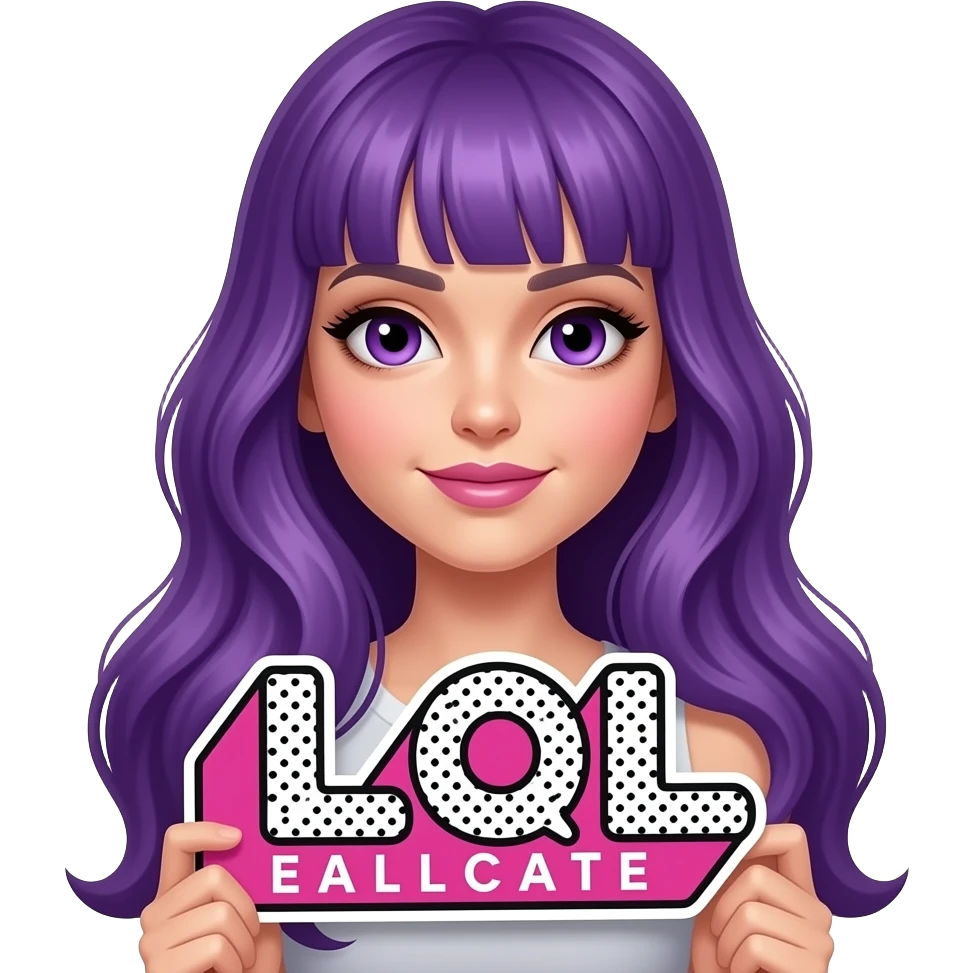 sexy girl with long purple hair and purple eyes holding a L O L sign emoji