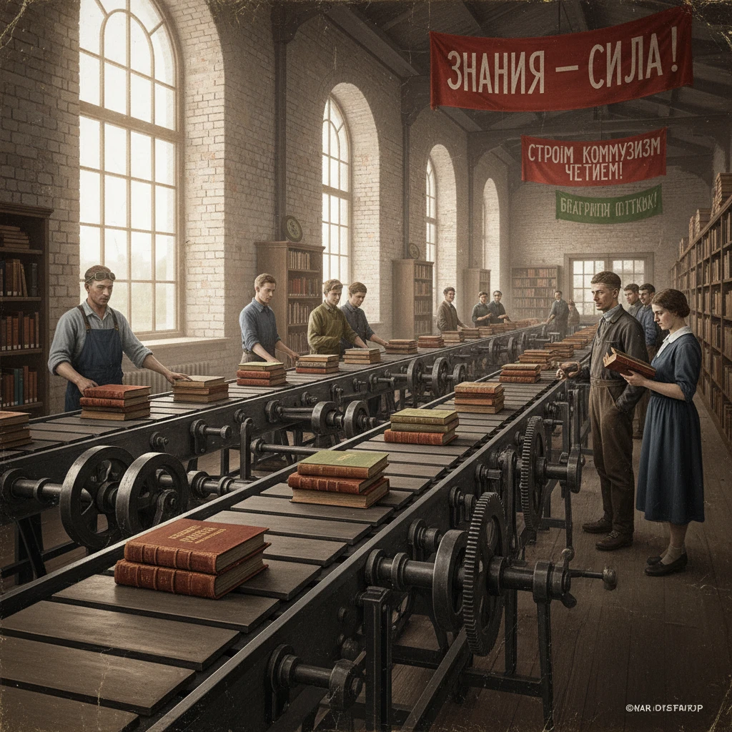 Книги едут по специальной механизированной ленте в библиотеке СССР 1920-е годы

Стиль - архивные цветные фотодокументы emoji