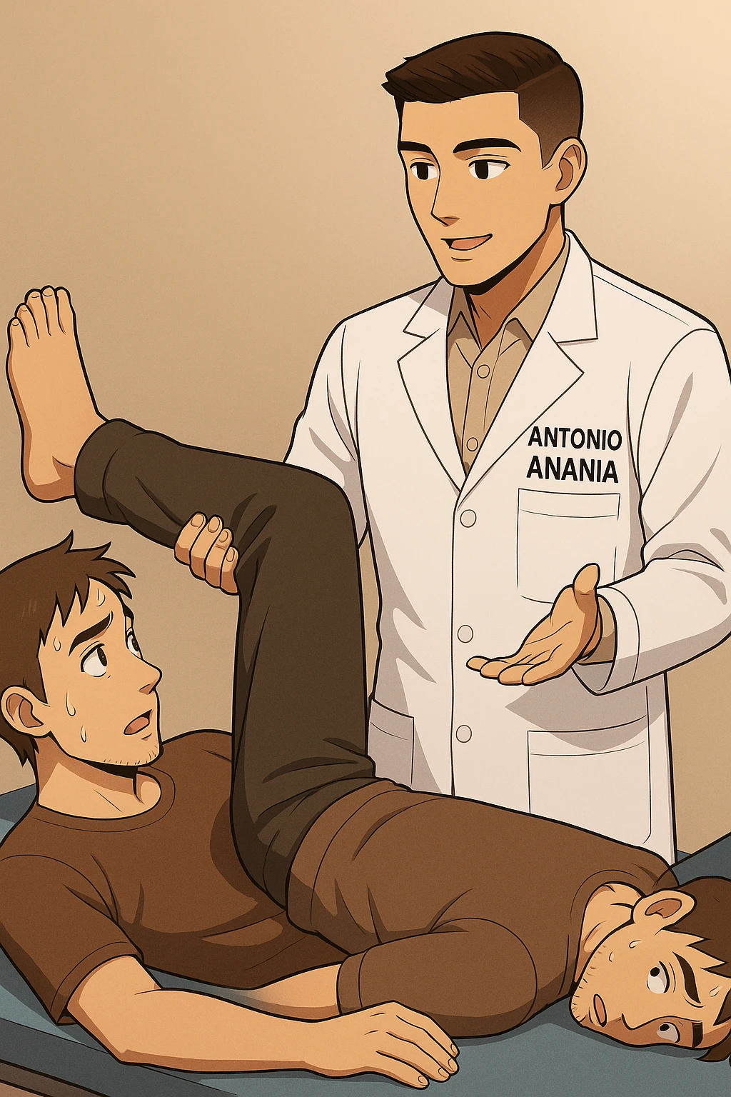 fai un webtoon manga a colori con questo stile, in cui un uomo è steso sul lettino medico e il kinesiologo con il camice bianco (fagli anche la scritta "ANTONIO ANANIA" SUL CAMICE, gli solleva una gamba per fargli il test neuromuscolare, IL KINESIOLOGO SPIEGA ALL'UOMO UNA cosa mentre gli alza la gamba. non fare i fumetti però, fai solo in modo che sembri stiano parlando emoji