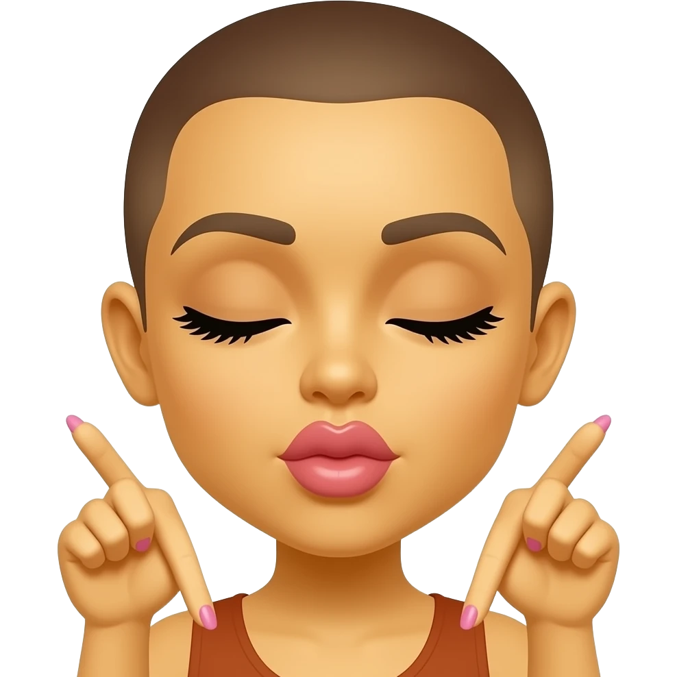 Classic yellow emoji with eyes closed with big eyelashes, big kissing lips, and hands on side pointed down with long painted nails emoji