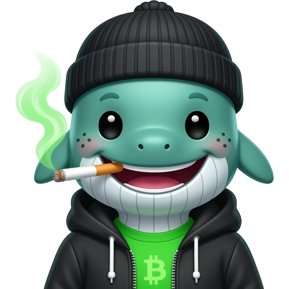Cute Bullwhale character laughing 😂, green whale face with freckles, mischievous confident smile, cigarette with green smoke, black beanie and hoodie zipper down, green inner T-shirt, green cigarette smokes, expressive eyes, crypto meme vibe, with neon green glow. emoji