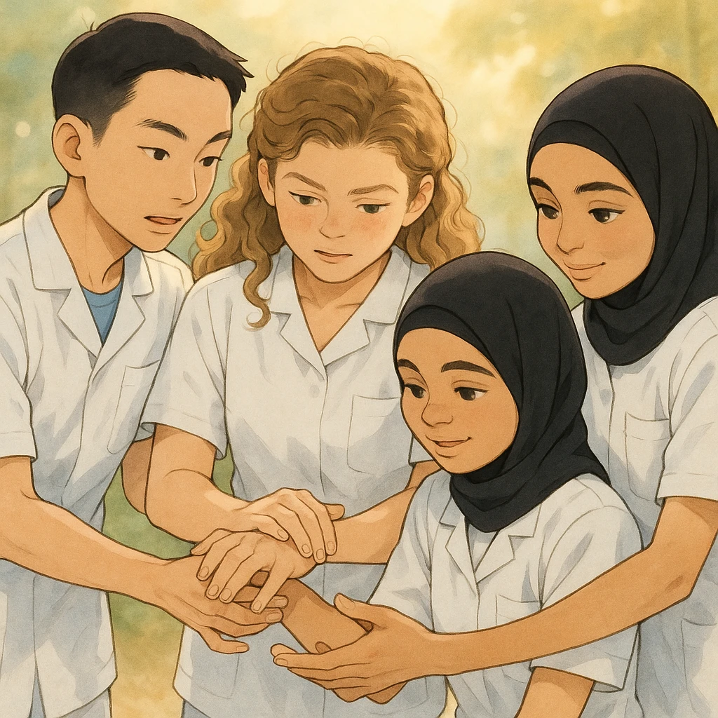 Four nursing students inspired by the faces in the reference photos, wearing white short-sleeve uniforms, arms and hands visible and realistic, no stethoscope, helping each other, in soft ambiance. Special attention to hands. emoji