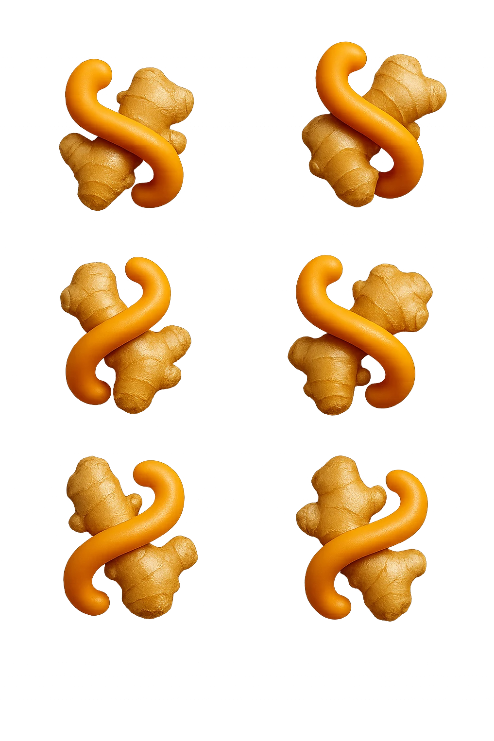 emoji stile iphone 3d di 6 piccoli pezzi di zenzero che fluttuano in aria con pezzi di colon arrotolati intorno, iperrealistico 4k emoji