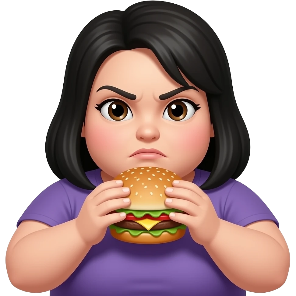 mujer muy gorda con cara seria con pelo negro y comiendo hamburguesa emoji
