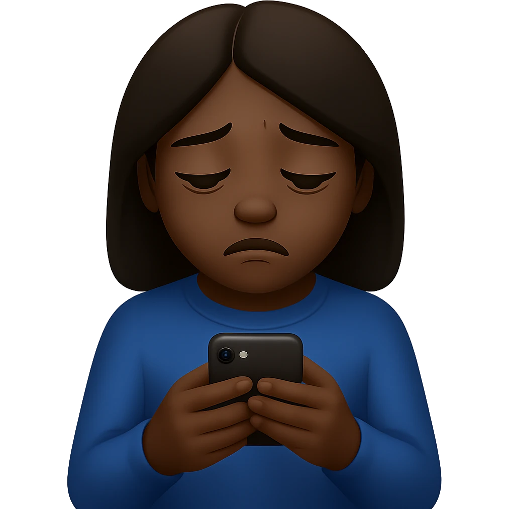 Create an image of a girl addicted to her phone with a dark skin tone in the style of emoji style. The style should reflect the characteristics of emoji style, focusing on the look and feel of emoji illustrations. emoji