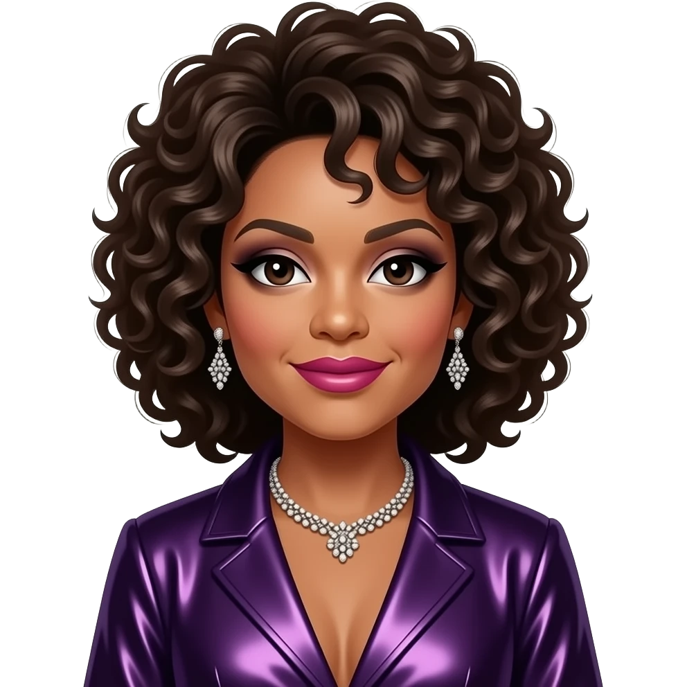 Whitney Houston with dark brown eyes, dark brown 80s curly hair, black eyeshadow, hot pink lipstick, dark purple metallic pop outfit, necklace and earrings emoji