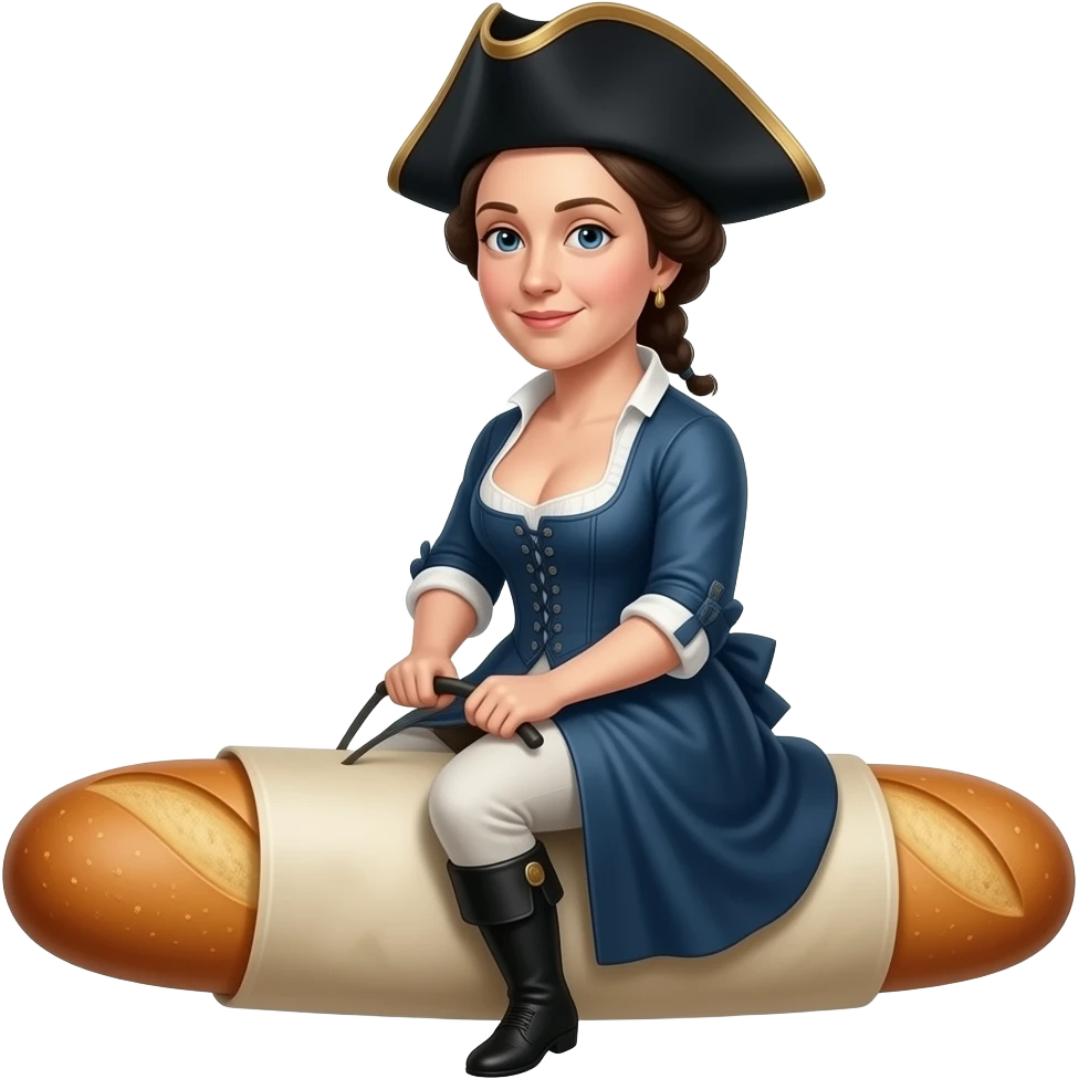 emblematic - mad historical French Mariana in a tight corset with a large open neckline, with a rebel Jacobin cap riding a narrow French bread emoji
