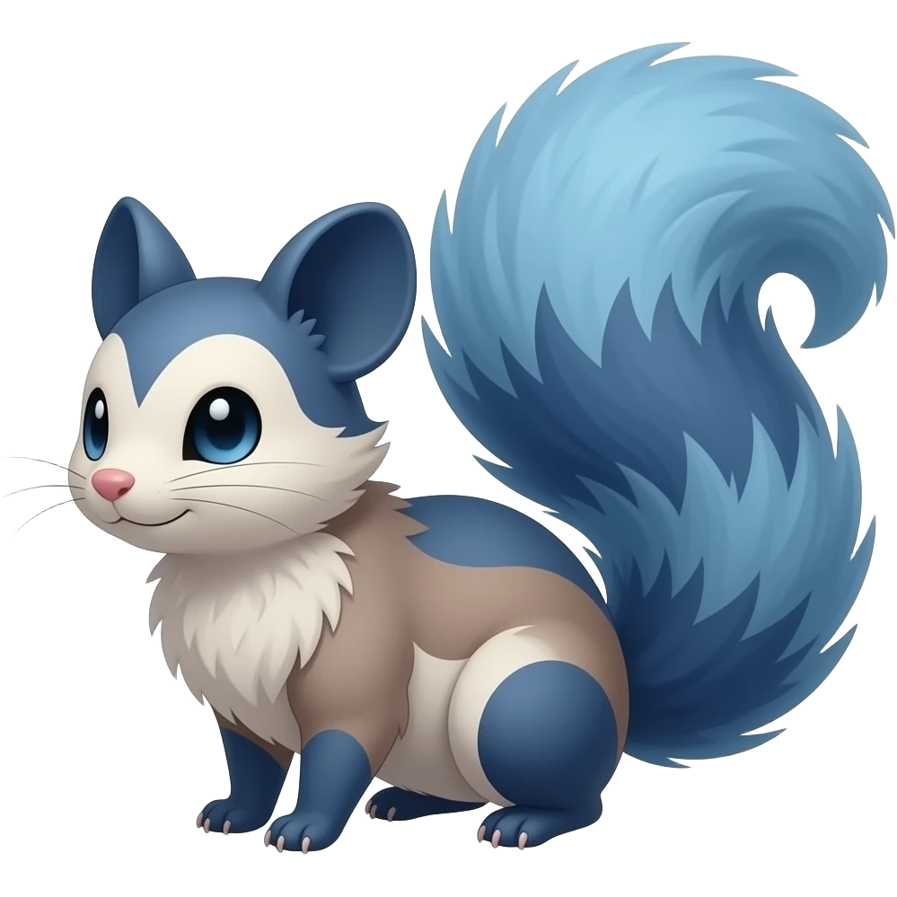 Cyan, dark-cobalt-blue-pointed, soft realistic romantic vintage antique divine beautiful elegant pretty precious cute young youthful Fakémon-Pokémon-opossum-feline-mouse-serval-caracal-chinchilla-Minccino-Cinccino-Meowstic-rodent-hybrid-creature with a big fluffy bushy tail (full body) emoji