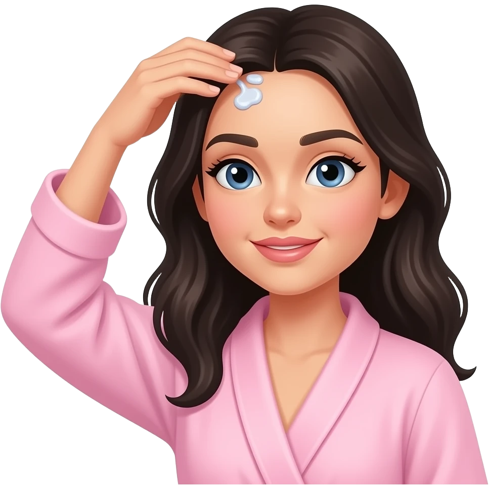 White girl taking care of her black hair by giving herself a hair tonic massage, wearing a light pink robe, iPhone emoji style emoji