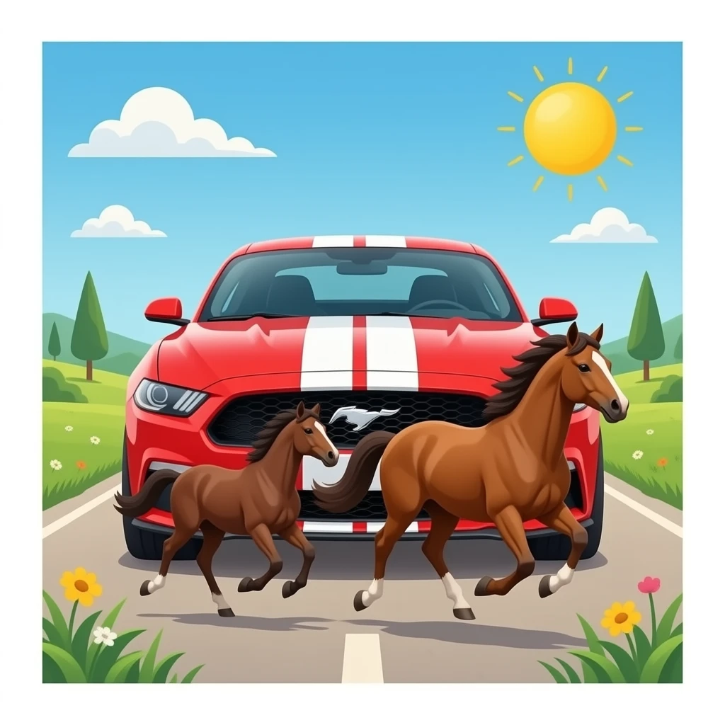 A mustang car background a horses in run position emoji