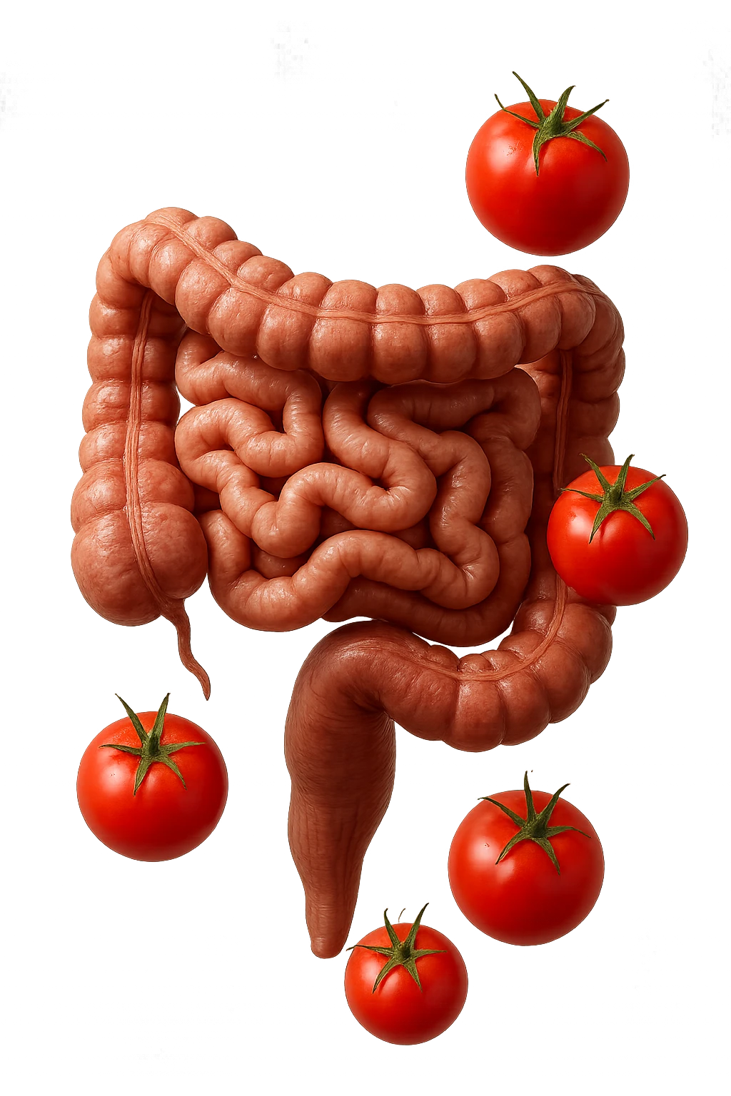 intestino umano anatomico con pomodori che gli fluttuano intorno, iperrealistico 4k emoji