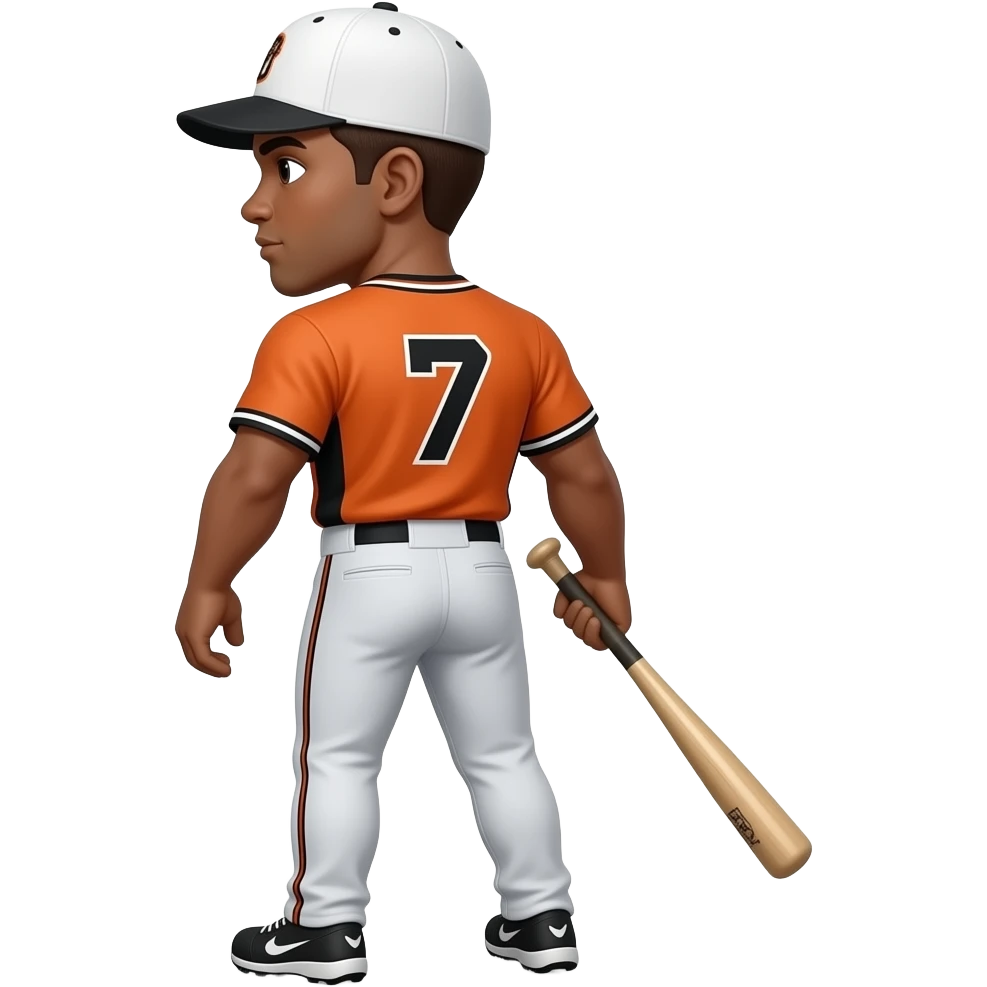 Make a baseball player with the colors, orange and black on the jersey make their skin color tan and make them have a dark brown, low taper fade, put a white hat on them and make sure their number is seven on the jersey and put a bat by them too with muscular arms and make them turned around emoji
