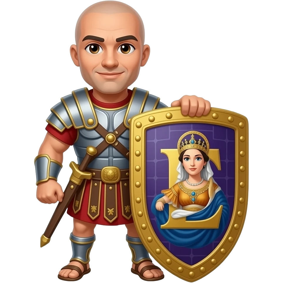 Muscular Roman soldier bald with brown eyes the Letter E on the shield with empress in bed emoji