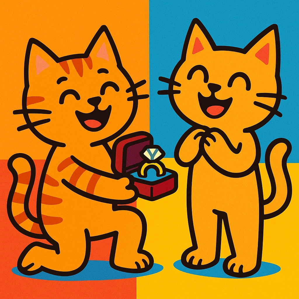 one happy cat proposing marriage to another happy cat, both cats smiling, with a ring box, playful and cute emoji