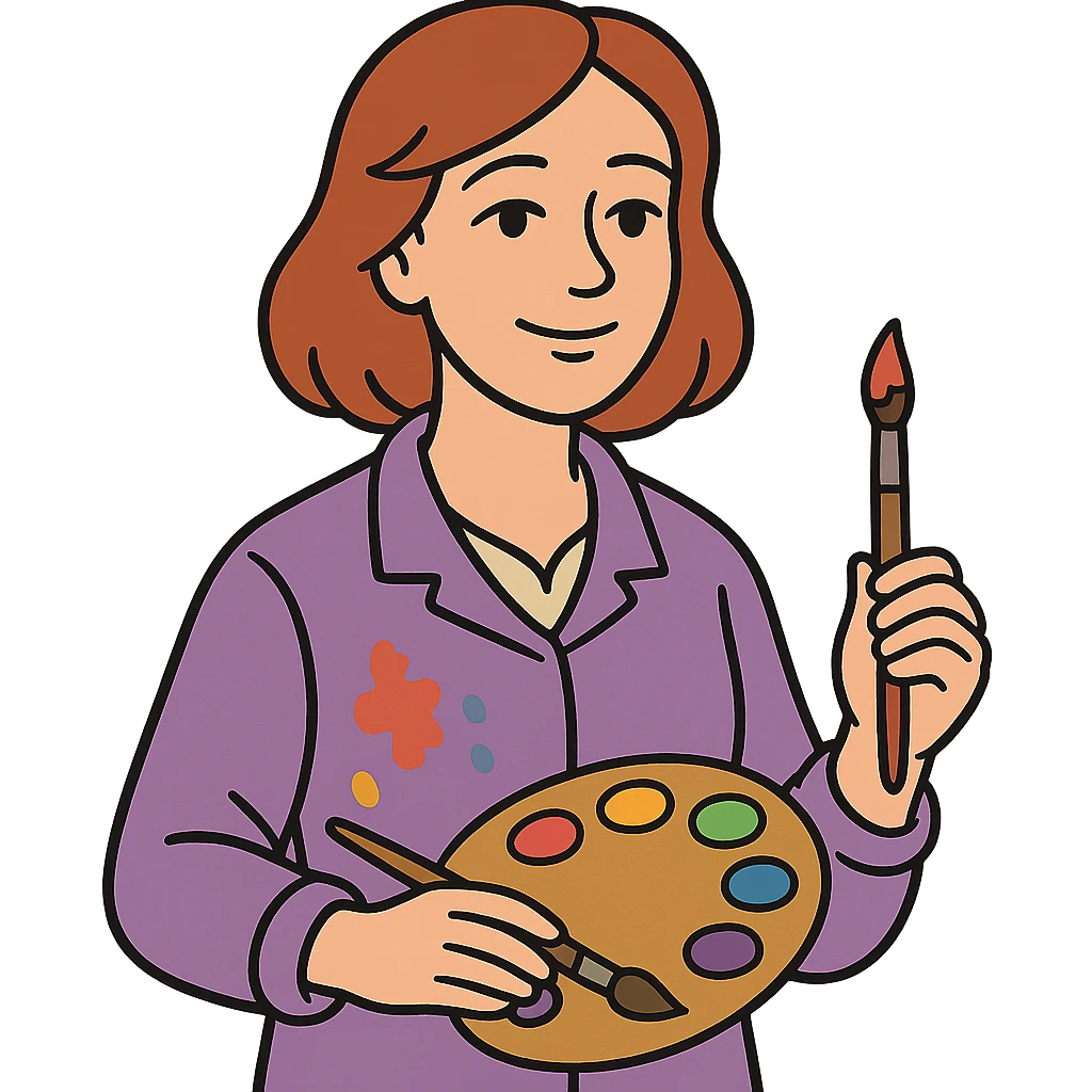 Serene female oil painter, Caucasian features, shoulder-length auburn hair, soft brown eyes, gentle smile, wearing a violet painter’s smock lightly stained with paint over a beige blouse, holding a wooden palette with vibrant colors in one hand and a brush in the other, waist-up, front-facing emoji