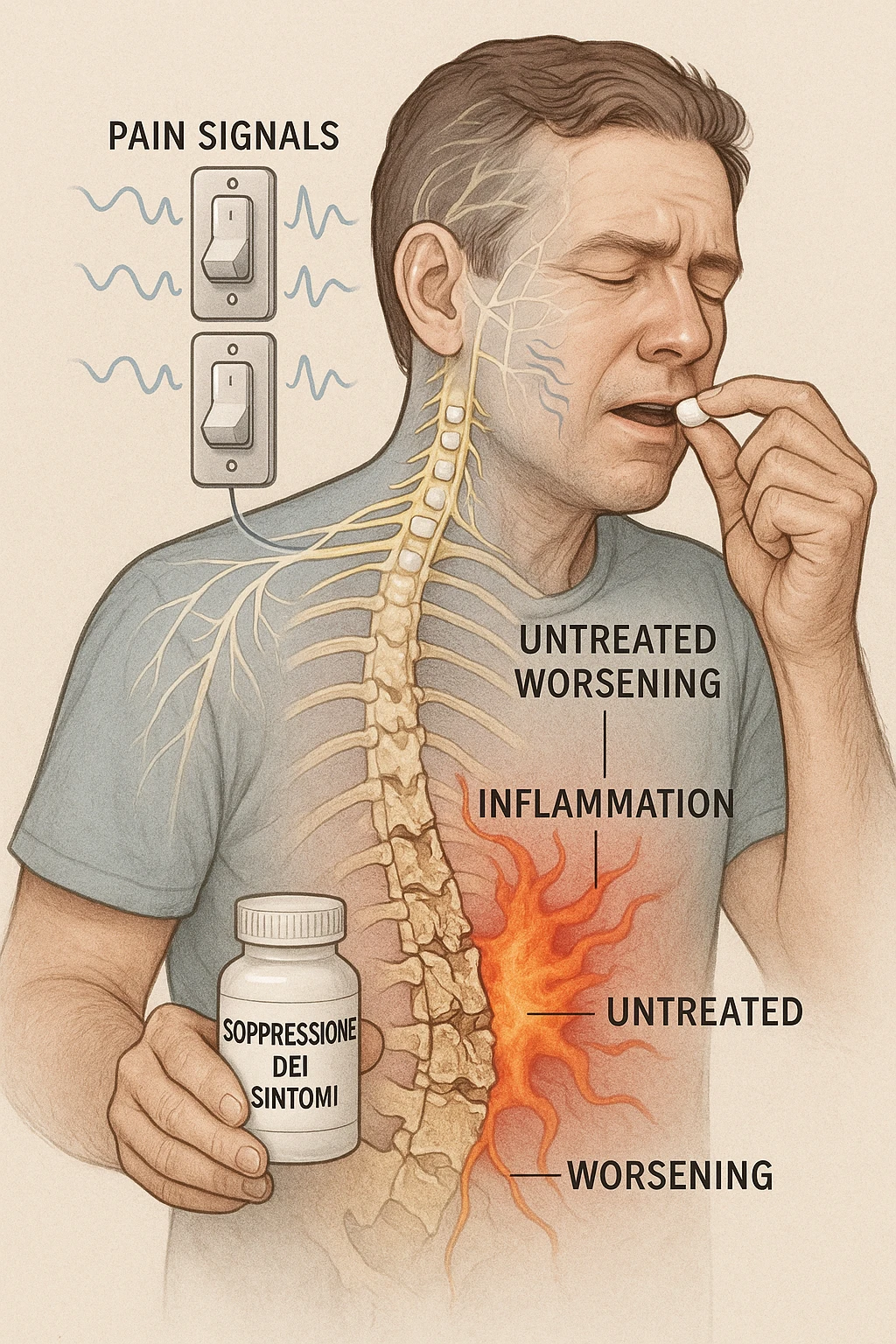 Man taking pain medication for chronic back pain, pills shown as dimmer switches turning down pain signals in transparent nervous system overlay, underlying spinal damage remaining completely untreated and worsening, expression of temporary relief masking progressive deterioration, medication bottle labeled 'symptom suppression' not 'cure', root cause inflammation continuing to spread in italiano emoji