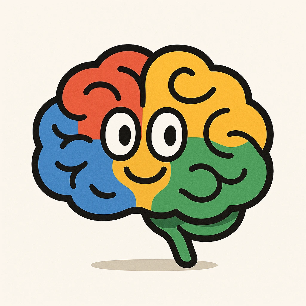 brain icon with Google's four signature colors blue red yellow green, playful and simple, white background emoji