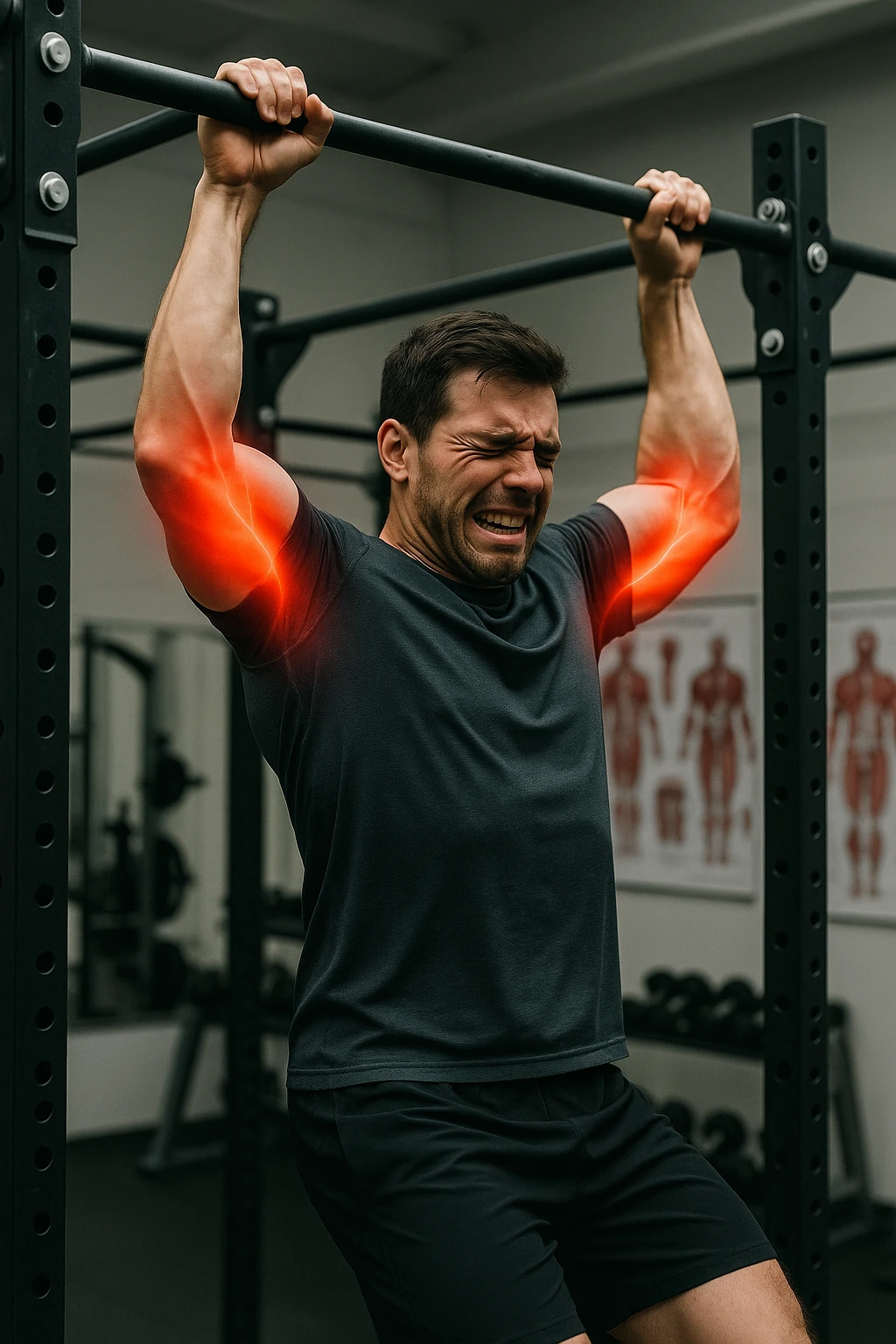 a man in athletic wear esegue una trazione alla sbarra in palestra. I suoi gomiti sono evidenziati con un alone rosso acceso o un effetto glow, indicando infiammazione. Un’espressione di dolore è visibile sul suo volto. Sullo sfondo, attrezzi da palestra e poster anatomici. L’atmosfera è educativa e realistica. emoji