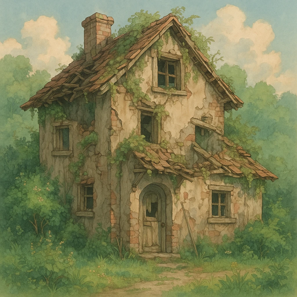 broken down house, detailed, overgrown plants, crumbling walls, ghibli style emoji