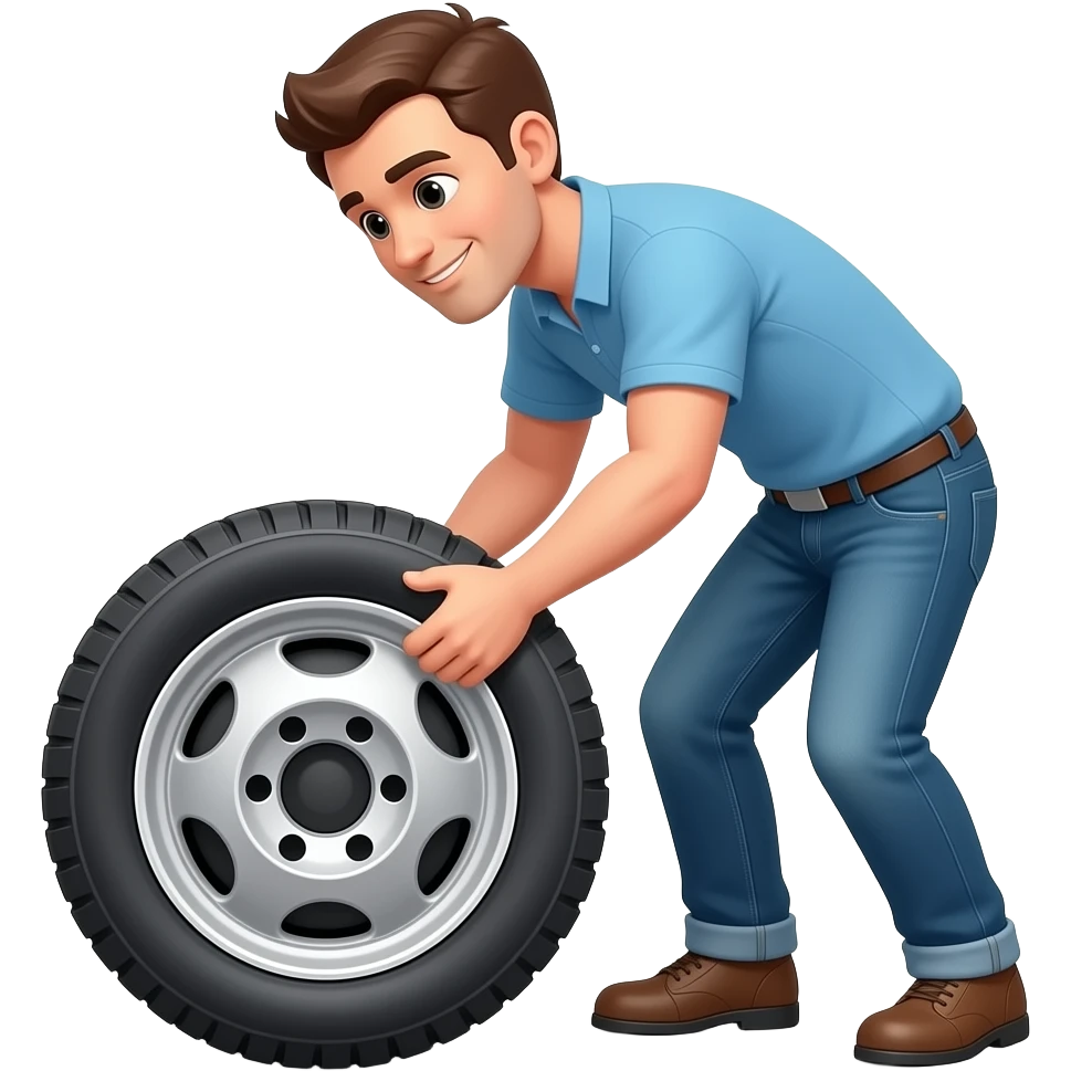 a truck tire laying flat on the floor and a man trying to lift it emoji