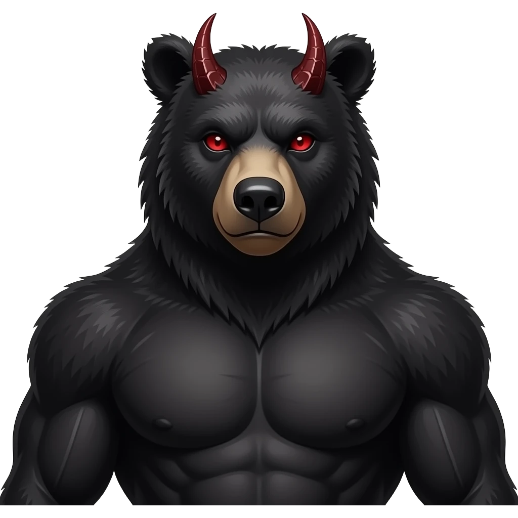 Dark Demon bear with red eyes and with chest muscles. Realistic. Humanoid. Fantasy. Upper body only emoji