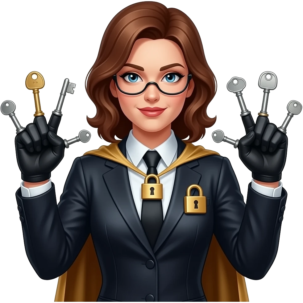 Lady Locksmith superhero, woman with fingers as different metallic keys (each unique shape), elegant and powerful, sleek suit with lock motifs, confident stance, subtle shine, high detail, cinematic lighting emoji