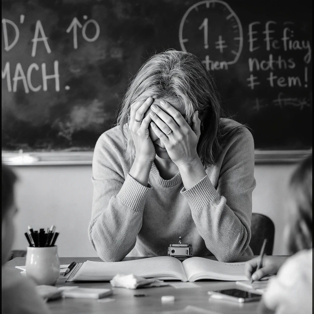 exhausted teacher in a bustling classroom emoji