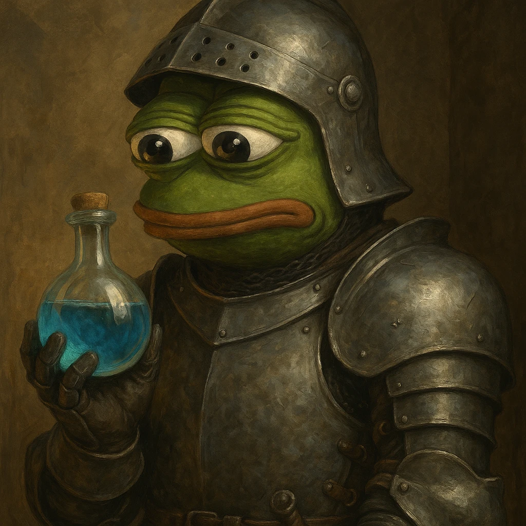 Пэпэ in a medieval armor, holding a potion bottle emoji