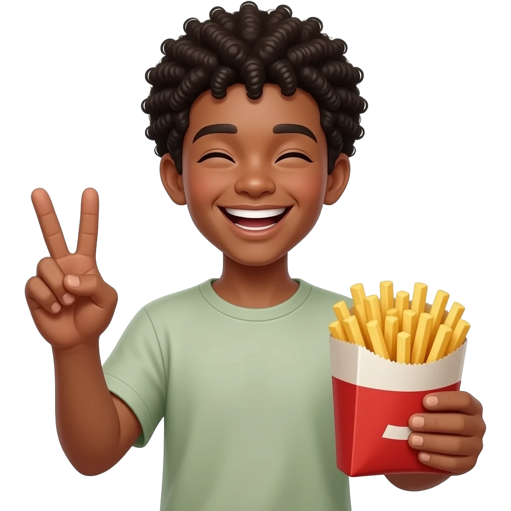 Black apple emoji teen with Afro laughing while holding the fries in the bag while holding peace sig emoji