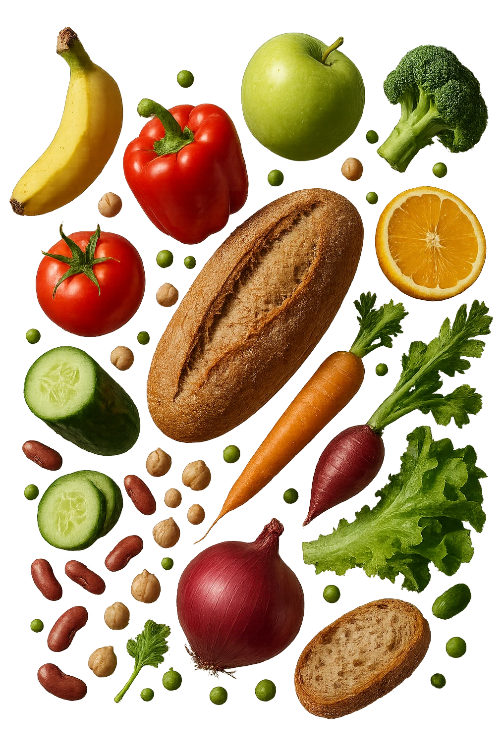 FRUTTA, PANE, LEGUMI E VERDURE CRUDE FLUTTUANO IN ARIA, IPERREALISTICA 4K emoji